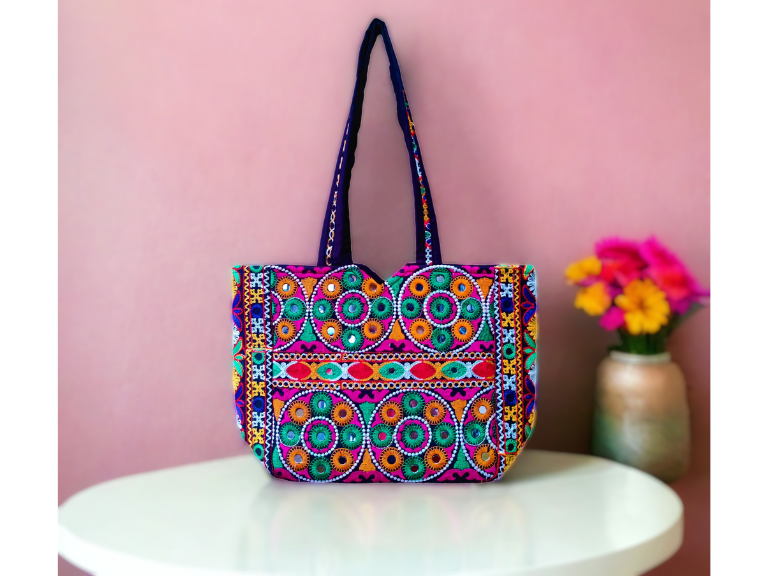 Mirror Work Gujarati Multicolor Regular Tote Bag HB - 7008