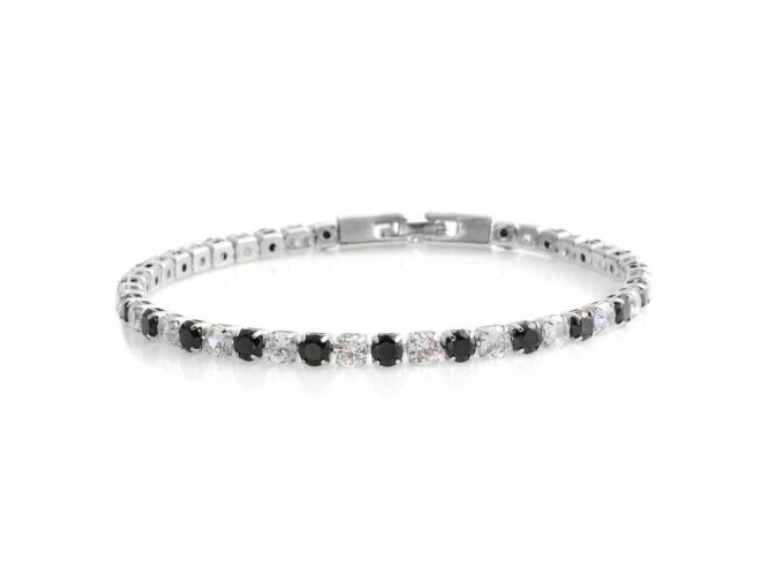 Round Cut Black & White Sapphire American Bracelet (Sterling Silver 92.5)